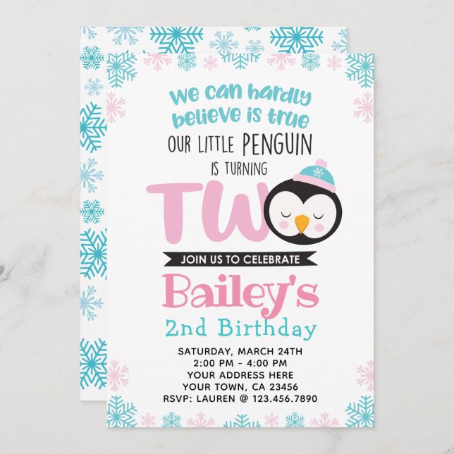 Penguin 2nd Birthday Invitation (Front/Back)