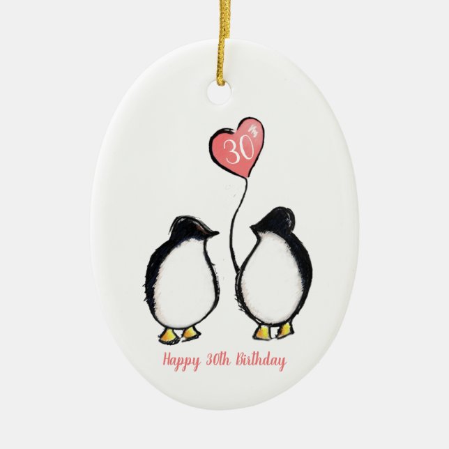Penguin 30th wife birthday (or any age) ceramic tree decoration (Front)