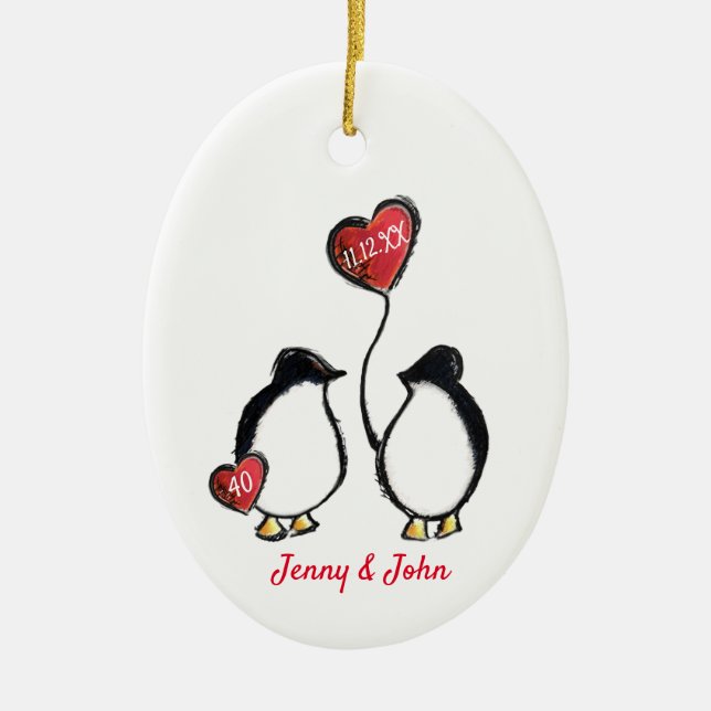 Penguin 40th ruby wedding anniversary ceramic tree decoration (Front)