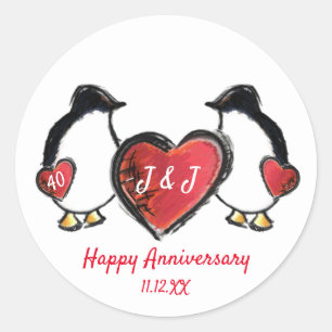 Penguin 40th ruby wedding anniversary classic round sticker