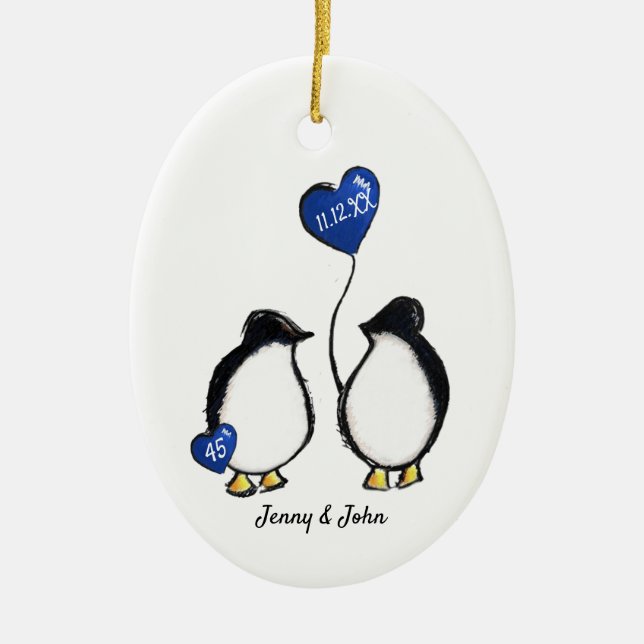 Penguin 45th sapphire wedding anniversary ceramic tree decoration (Front)