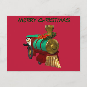 Penguin and Christmas Train Holiday Postcard