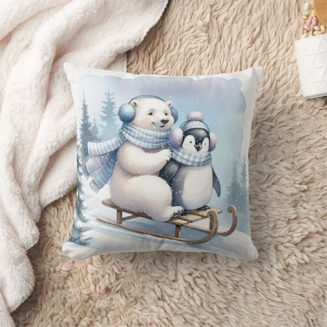 Penguin and Polar Bear On a Sled Cushion (Blanket)