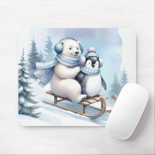 Penguin and Polar Bear On a Sled Mouse Pad
