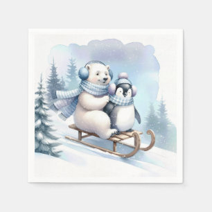 Penguin and Polar Bear On a Sled Napkin