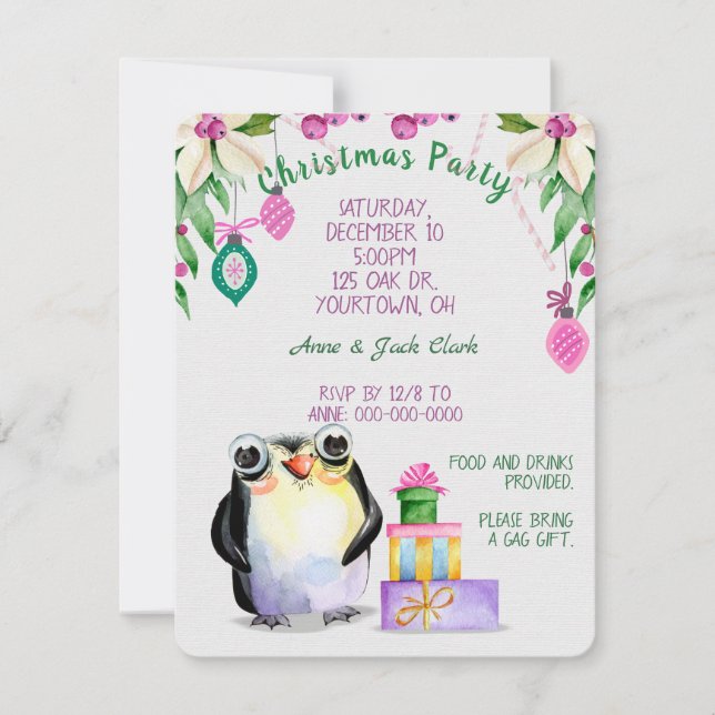 penguin and presents for tropical  Christmas party Invitation (Front)