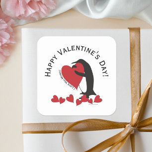 Penguin and Red Heart Happy Valentine’s Day Square Sticker