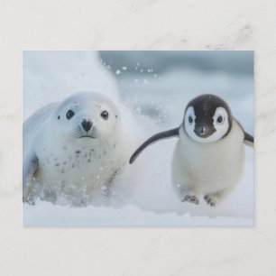 Penguin and Seal Friends - Frolicking in the Snow Holiday Postcard