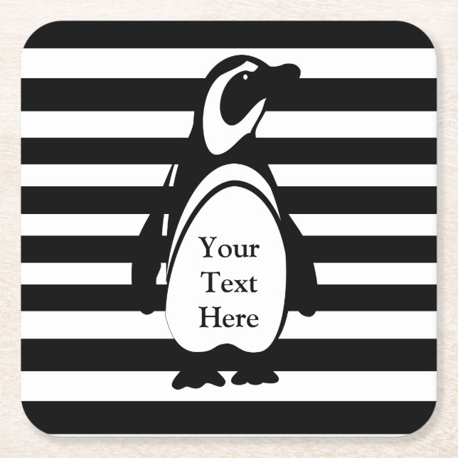 Penguin and Stripes Custom Text Square Paper Coaster (Front)