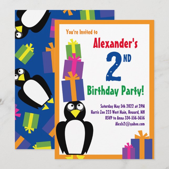 Penguin Animal Kid's Birthday Party Invitations (Front/Back)