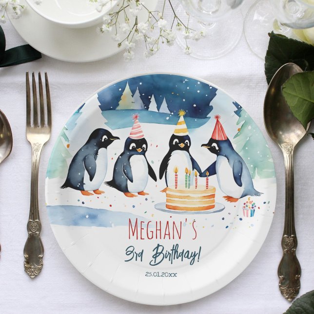 Penguin arctic winter birthday template paper plate (Penguin arctic winter birthday party tableware personalized template paper plates cute penguins cake)