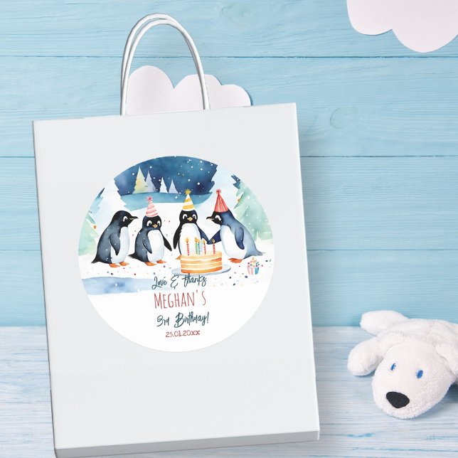 Penguin arctic winter birthday thank you favour classic round sticker (Penguin arctic winter birthday thank you favor stickers cute penguins with a birthday cake favors)