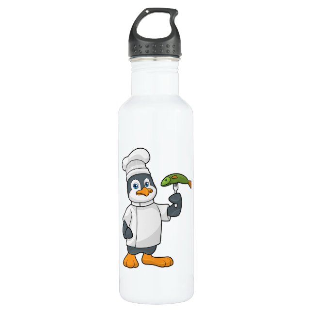 Penguin as Cook with Fish & Cooking apron 710 Ml Water Bottle (Front)