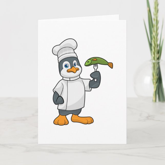 Penguin as Cook with Fish & Cooking apron Card (Front)