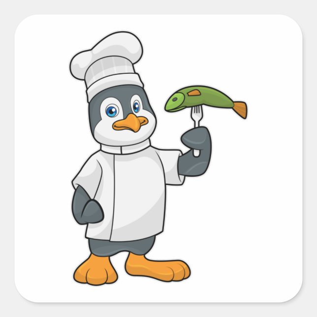 Penguin as Cook with Fish & Cooking apron Square Sticker (Front)