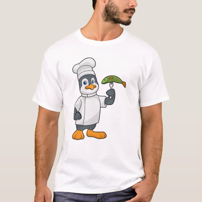 Penguin as Cook with Fish & Cooking apron T-Shirt (Front)