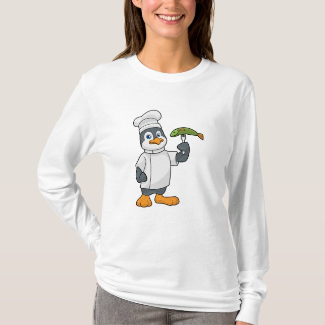 Penguin as Cook with Fish & Cooking apron T-Shirt (Front)