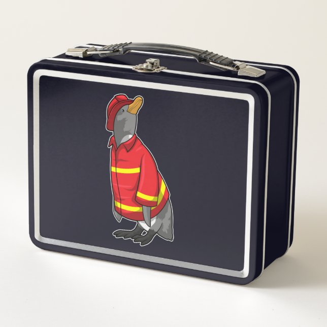 Penguin as Firefighter with Helmet Metal Lunch Box (Front)