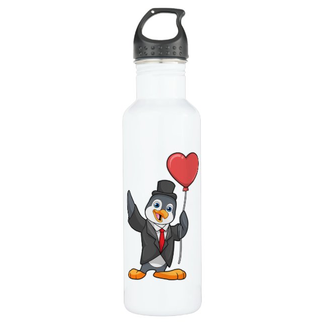 Penguin as Groom with Heart Ballon 710 Ml Water Bottle (Front)