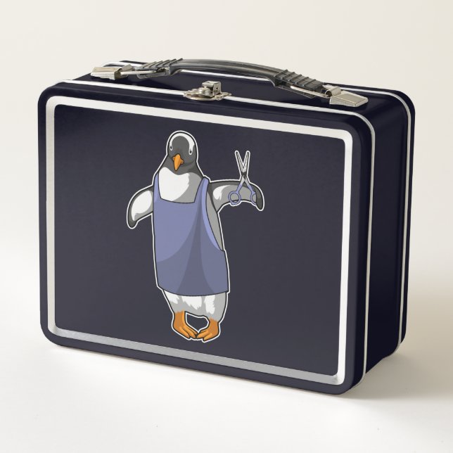 Penguin as Hairdresser with Scissors Metal Lunch Box (Front)