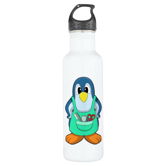 Penguin as Hairdresser with Scissors & Razor 710 Ml Water Bottle (Front)