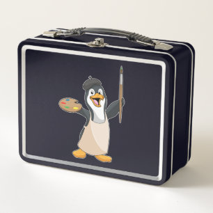 Penguin as Painter with Paint brush & Colour Metal Lunch Box