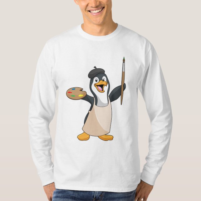 Penguin as Painter with Paint brush & Colour T-Shirt (Front)