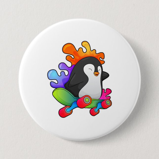 Penguin as Skater with Skateboard 7.5 Cm Round Badge (Front)