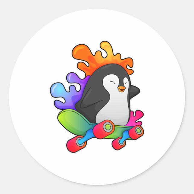 Penguin as Skater with Skateboard Classic Round Sticker (Front)