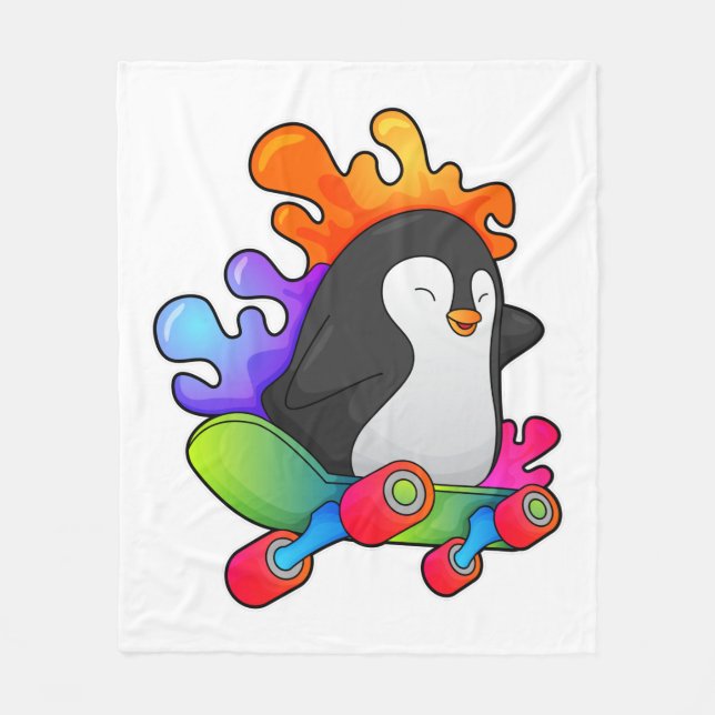 Penguin as Skater with Skateboard Fleece Blanket (Front)