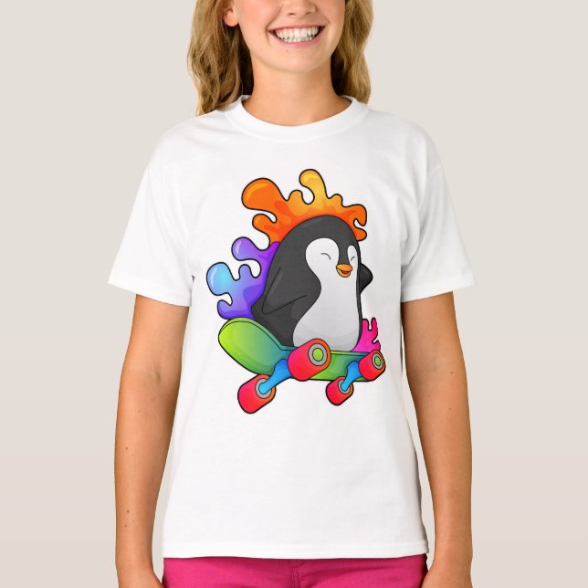 Penguin as Skater with Skateboard T-Shirt (Front)