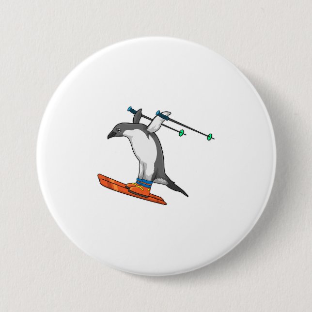 Penguin as Ski jumper with Ski 7.5 Cm Round Badge (Front)