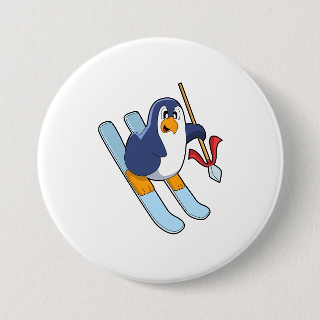 Penguin as Skier with Ski 7.5 Cm Round Badge (Front)