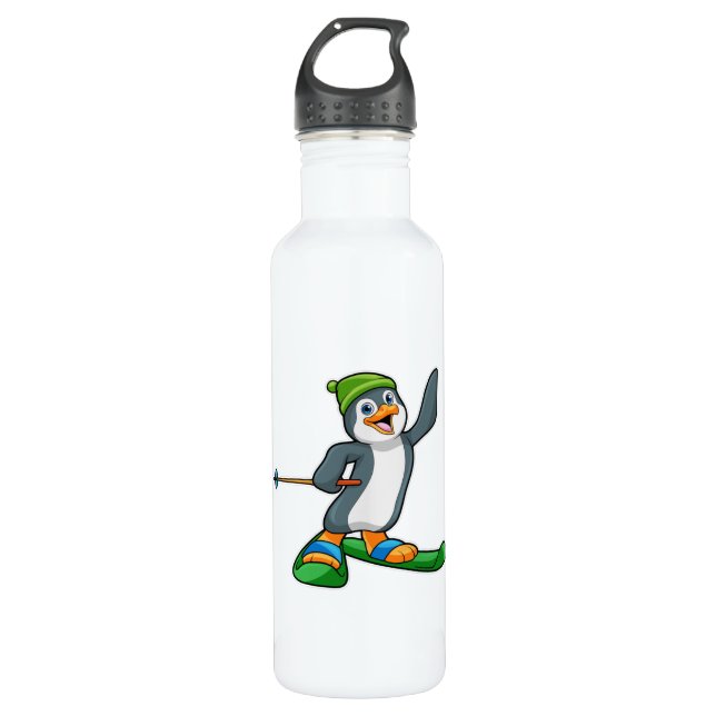 Penguin as Skier with Ski & Cap 710 Ml Water Bottle (Front)