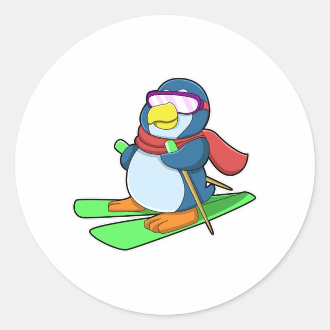 Penguin as Skier with Ski Scarf & Sunglasses Classic Round Sticker (Front)