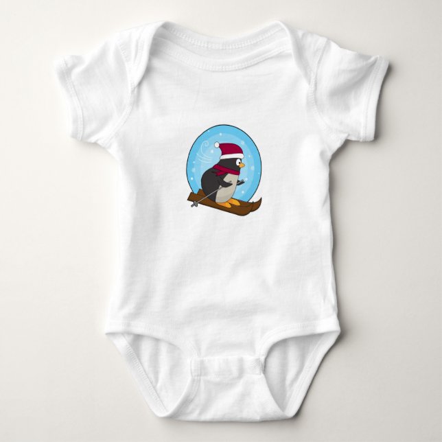 Penguin as Skier with Skis Baby Bodysuit (Front)