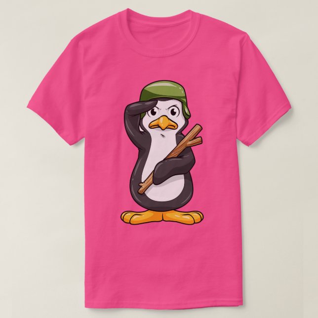 Penguin as Soldier with Helmet and Military Salute T-Shirt (Design Front)