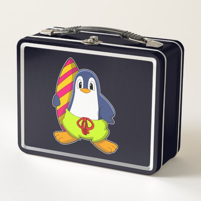 Penguin as Surfer with Surfboard Metal Lunch Box (Front)