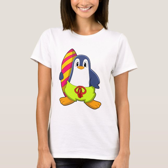 Penguin as Surfer with Surfboard T-Shirt (Front)
