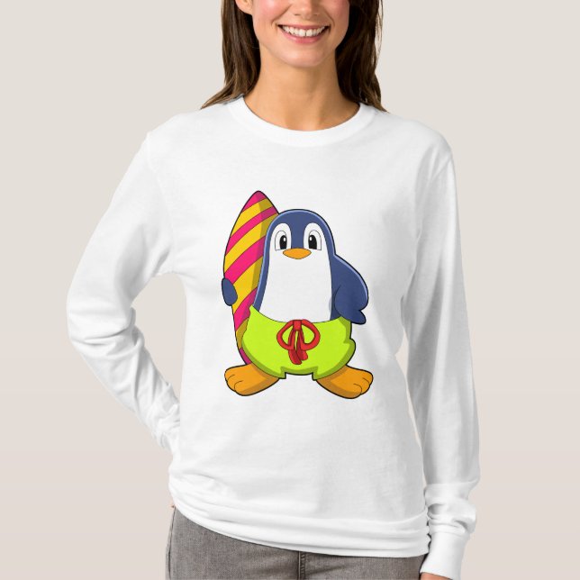 Penguin as Surfer with Surfboard T-Shirt (Front)