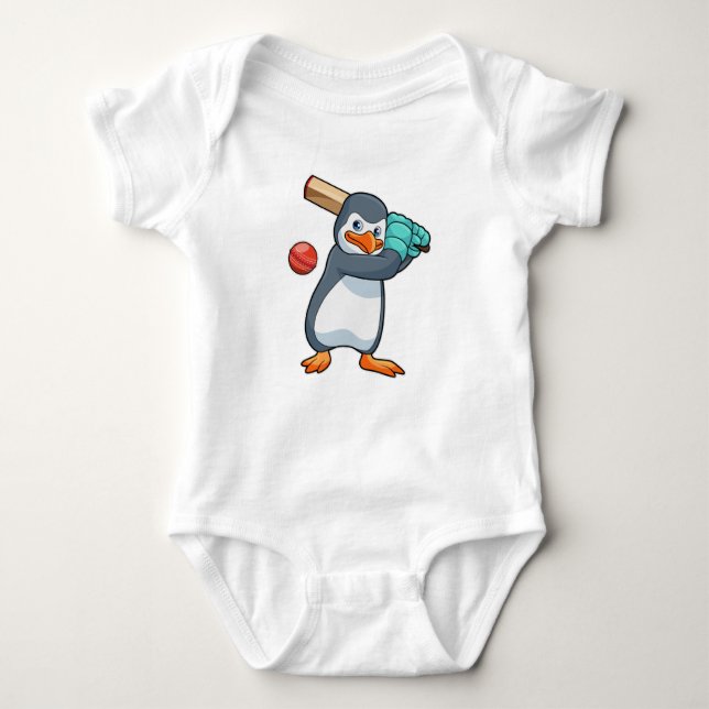 Penguin at Cricket with Cricket bat Baby Bodysuit (Front)