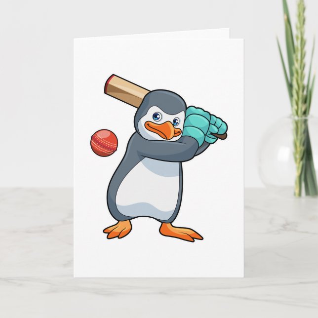 Penguin at Cricket with Cricket bat Card (Front)