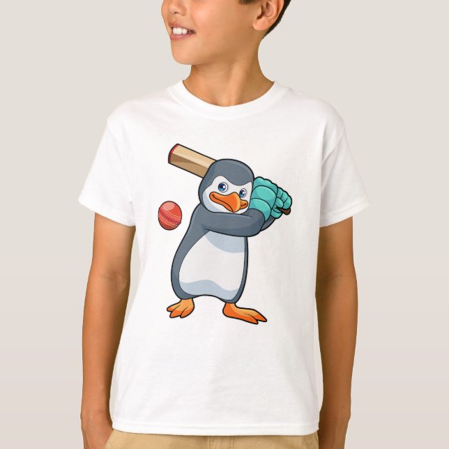 Penguin at Cricket with Cricket bat T-Shirt (Front)
