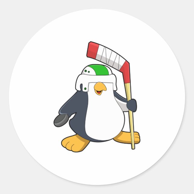 Penguin at Ice hockey with Ice hockey stick Classic Round Sticker (Front)