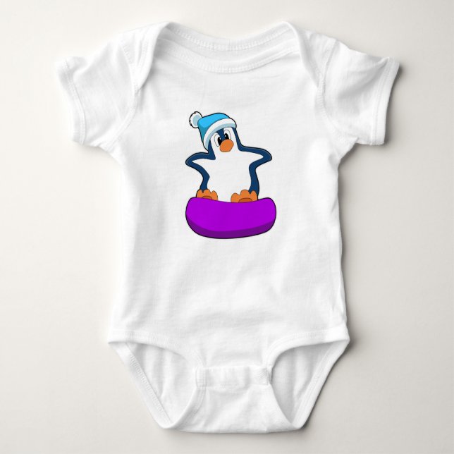 Penguin at Snowboarding with Snowboard Baby Bodysuit (Front)