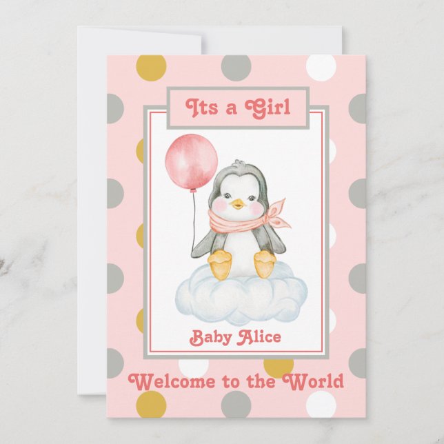 Penguin Baby Girl Pink Birth Announcement (Front)