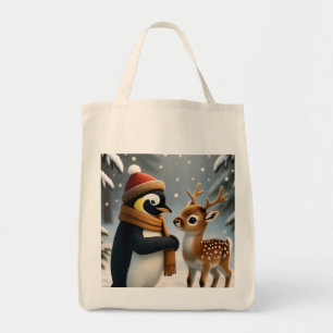Penguin&Baby Reindeer Winter Fantasy Comic Tote Bag