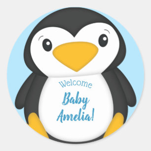 Penguin Baby Shower Blue Classic Round Sticker