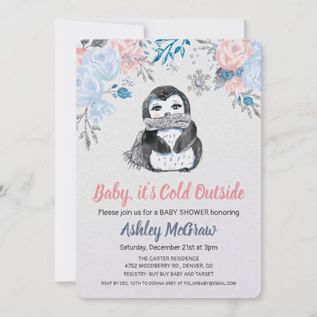Penguin Baby Shower Floral Invitation (Front)