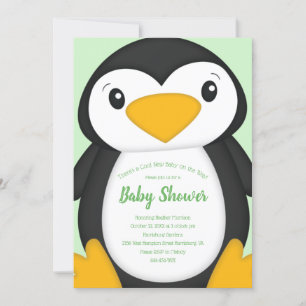 Penguin Baby Shower Green Invitation